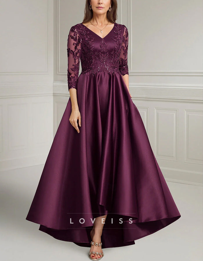 Purple A-Line Mother of the Bride V-Neck Satin Lace Applique Maxi Dress
