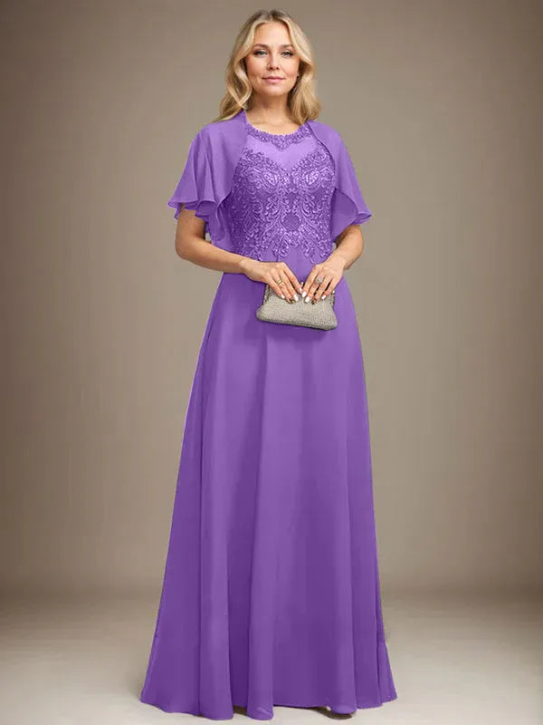 A-line Scoop Illusion Floor-Length Lace Chiffon Mother of the Bride Dress With Sequins