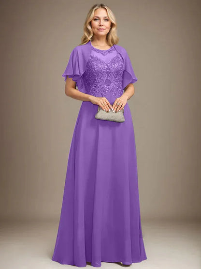 A-line Scoop Illusion Floor-Length Lace Chiffon Mother of the Bride Dress With Sequins