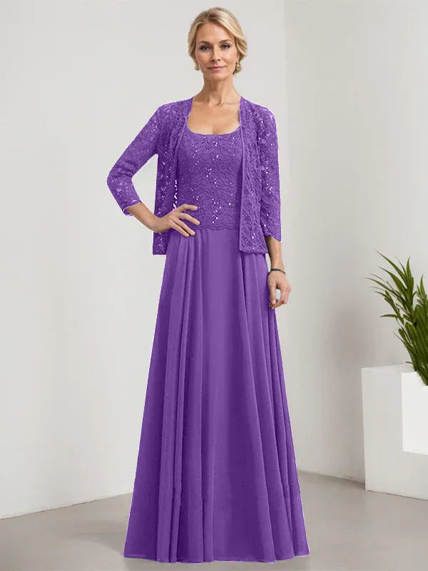 A-line Square Floor-Length Lace Chiffon Mother of the Bride Dress With Sequins