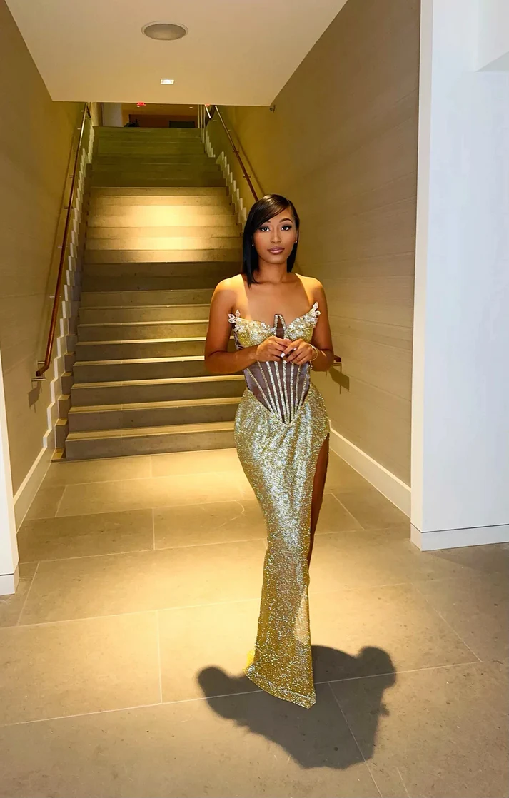 Sexy Long Black Girl Prom Dress Mermaid Sweetheart Gold Sequins Evening Gown