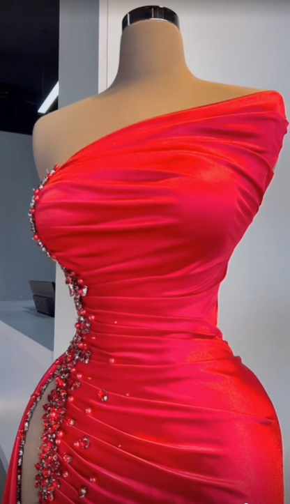 Sexy Red Beaded Satin Long Prom Dress with High Slit Evening Party Dress