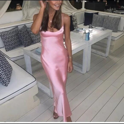 Simple A line Straps Sleeveless Party Dress Silk Satin Pink Prom Dress