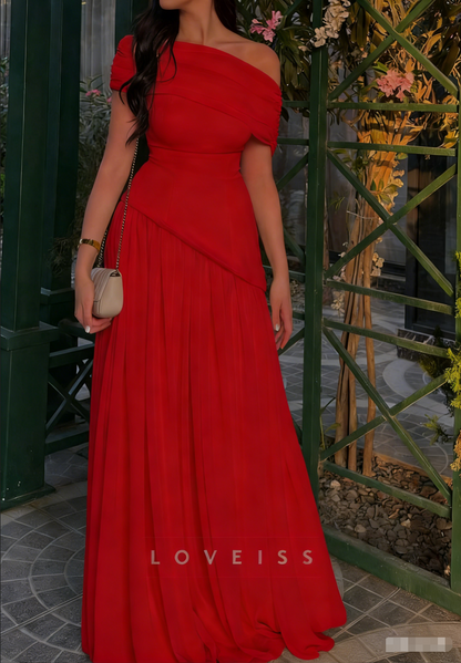 Asymmetrical Cap Sleeves Pleated A-Line Evening Dress