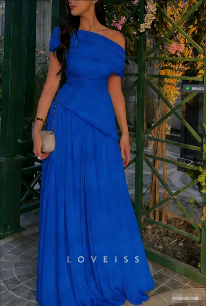 Asymmetrical Cap Sleeves Pleated A-Line Evening Dress