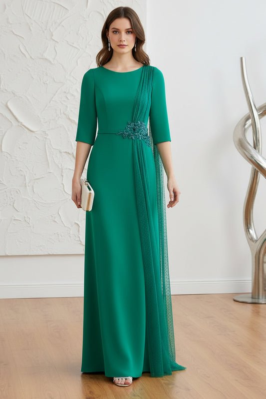 Scoop Long Sleeves Embellished Waist Sheath Mother of Bride Dress