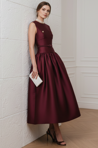 Burgundy Cocktail Satin Midi Dress