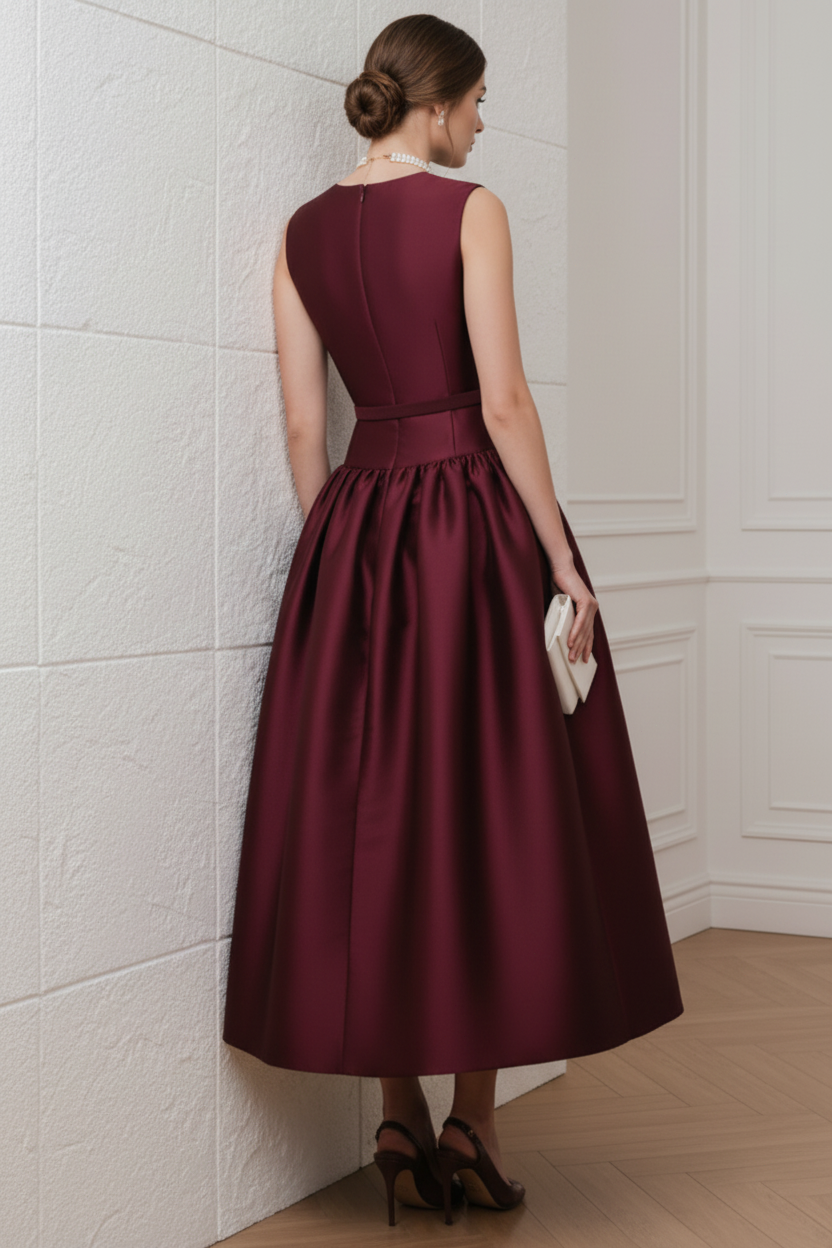 Burgundy Cocktail Satin Midi Dress