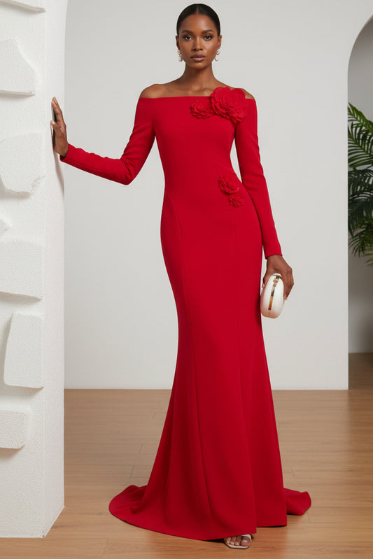 Off-Shoulder Appliques Long Sleeves Mermaid Evening Dress