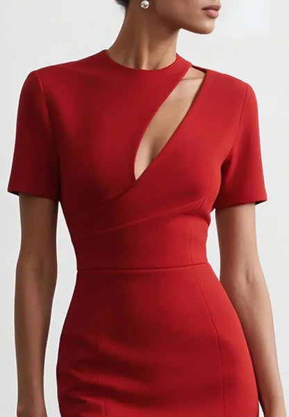 Red Hollow Out Classic Crew Neck Short Sleeve Sheath Midi Dress