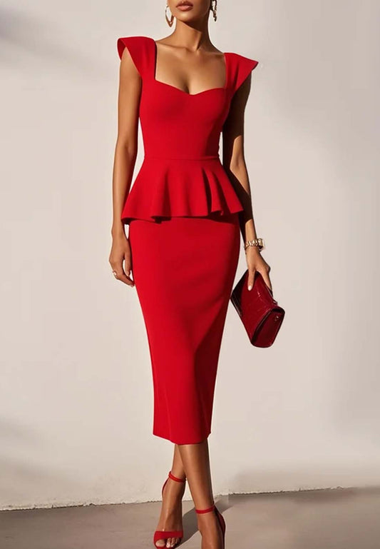 Red Peplum Square Neck Sleeveless Sheath Midi Dress