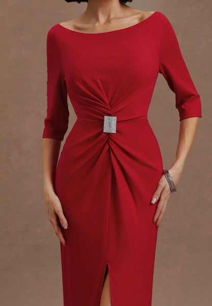 Red Ruched Off The Shoulder Half Sleeve Sheath Maxi Dress