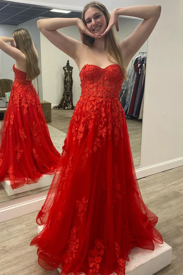 Red Sweetheart Strapless Lace Appliques Party Prom Dress