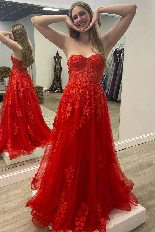 Red Sweetheart Strapless Lace Appliques Party Prom Dress