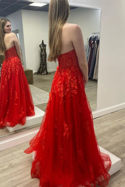 Red Sweetheart Strapless Lace Appliques Party Prom Dress