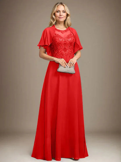 A-line Scoop Illusion Floor-Length Lace Chiffon Mother of the Bride Dress With Sequins