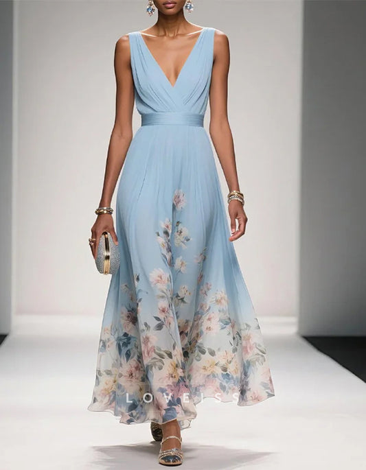 Romantic Light Blue Chiffon Gown with Floral Hem and Deep V-Neck