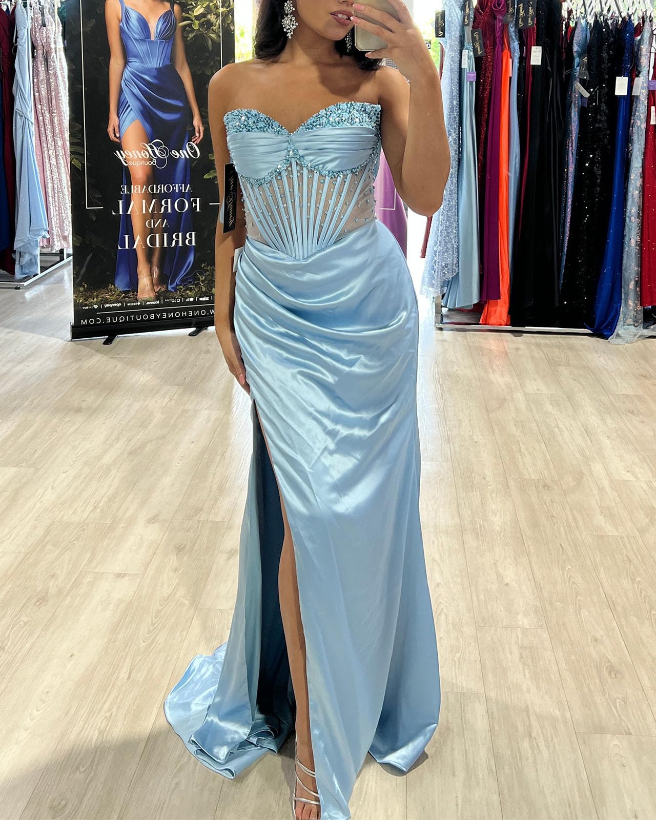 Sweetheart Sleeveless Beaded Sheer Ruched Side Slit Prom Dress