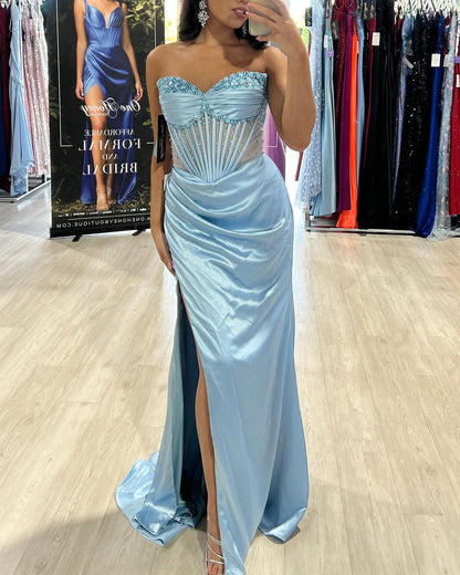 Sweetheart Sleeveless Beaded Sheer Ruched Side Slit Prom Dress