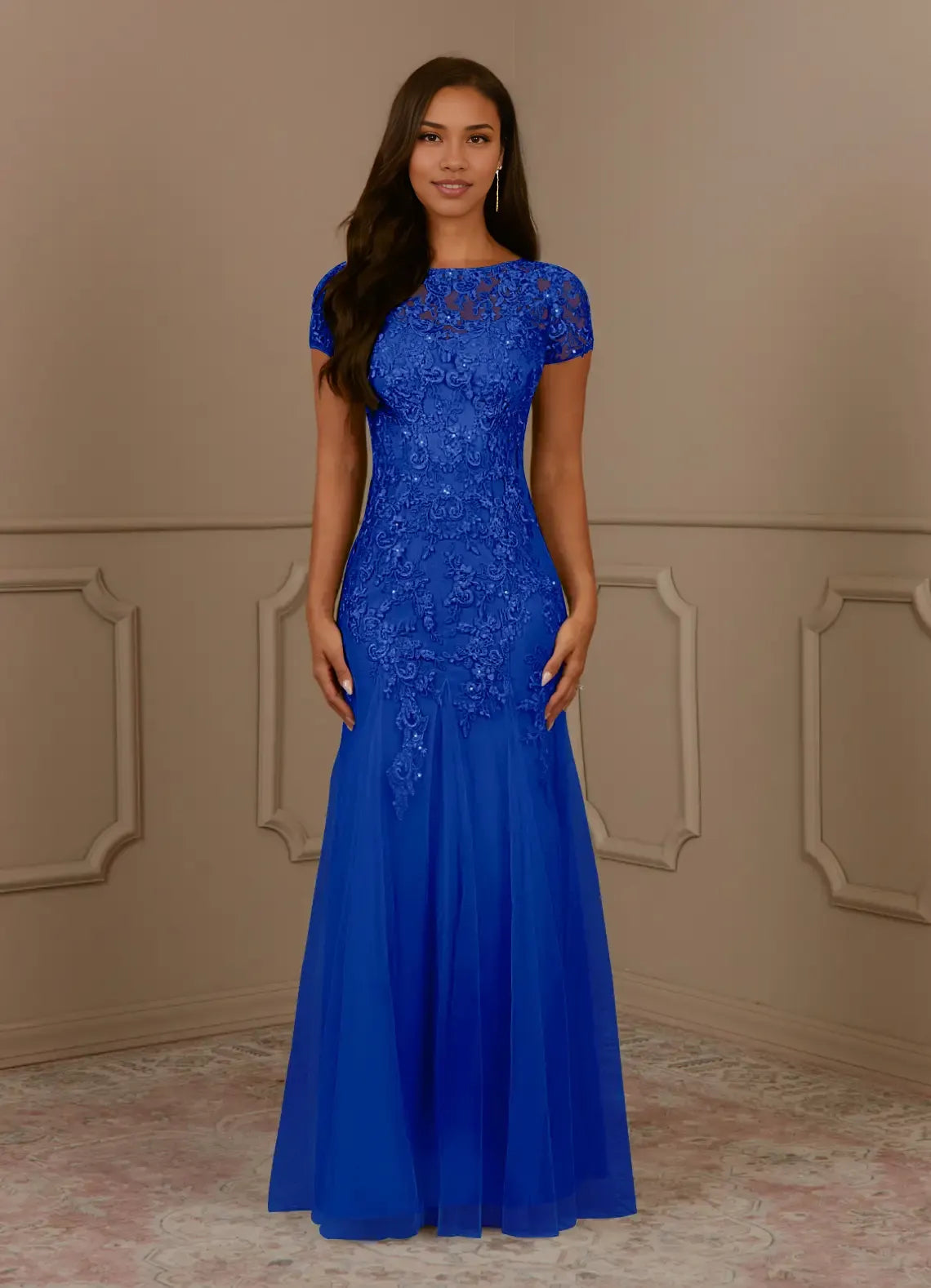 Dress Mermaid Scoop Sequins Vintage Lace Tulle Mother of the Groom Dresses Elegant Cap Sleeves Beaded Evening Dress