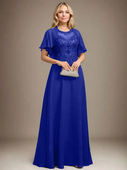 A-line Scoop Illusion Floor-Length Lace Chiffon Mother of the Bride Dress With Sequins