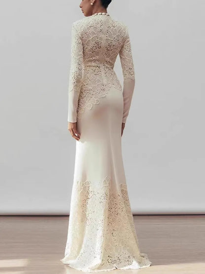 Scoop Long Sleeves Lace Appliques Mermaid Evening Dress