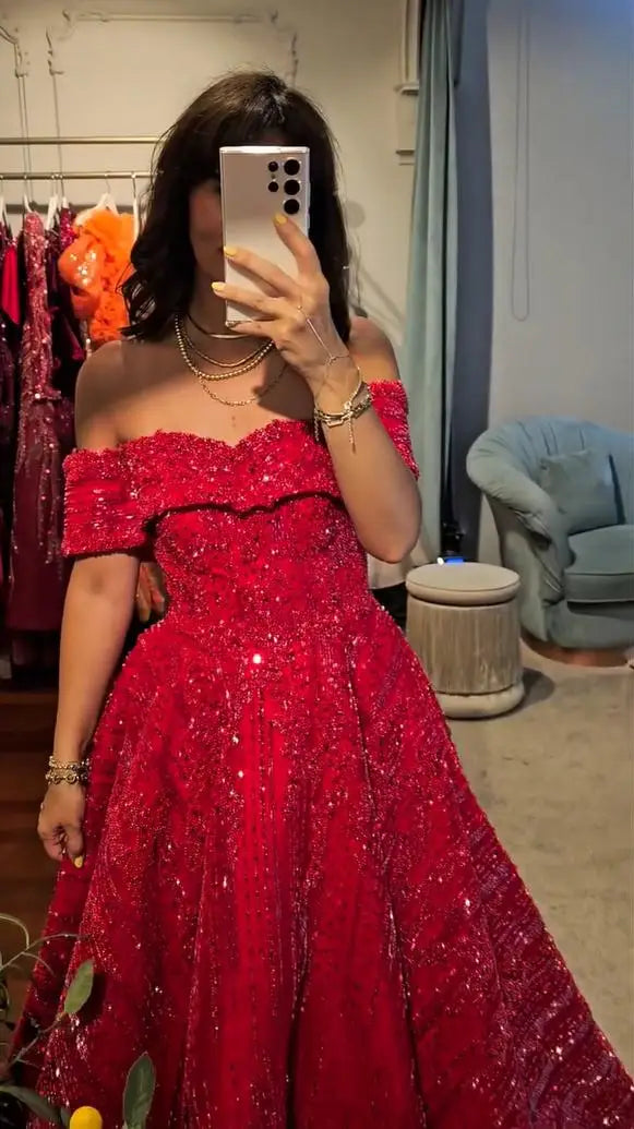 Couture Rhinestones Beads Red Evening Dresses Luxury Ball gown Cap Sleeve Christmas Dress Wedding Guest Dress