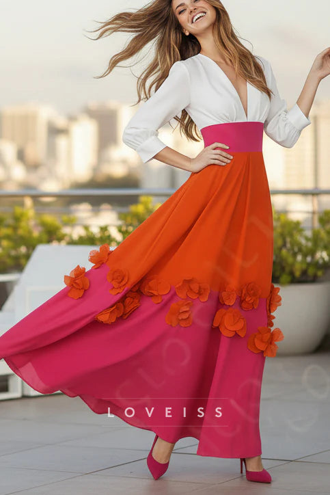 V-Neck Long Sleeves 3D Floral A-Line Mother of Bride Dress