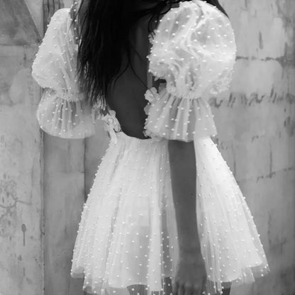 Short Wedding Dresses Plunging V-Neck Half Sleeves Pearls Flowers Mini Bride Dresses