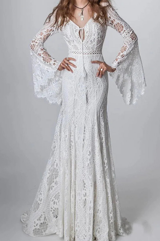 Beach Boho Wedding Dresses V Neck Bell Sleeve Backless Hollow Out Lace Bridal Gown