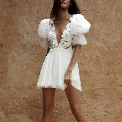 Short Wedding Dresses Plunging V-Neck Half Sleeves Pearls Flowers Mini Bride Dresses