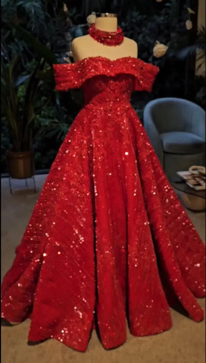 Couture Rhinestones Beads Red Evening Dresses Luxury Ball gown Cap Sleeve Christmas Dress Wedding Guest Dress
