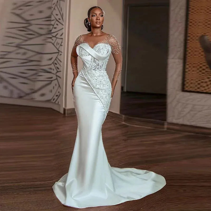 white lace mermaid wedding dresses pearls beaded sheer long sleeves bridal gowns african sweep train