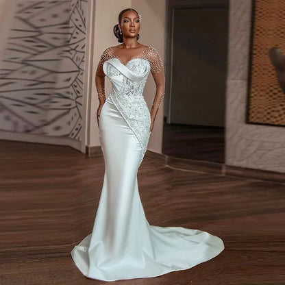 white lace mermaid wedding dresses pearls beaded sheer long sleeves bridal gowns african sweep train