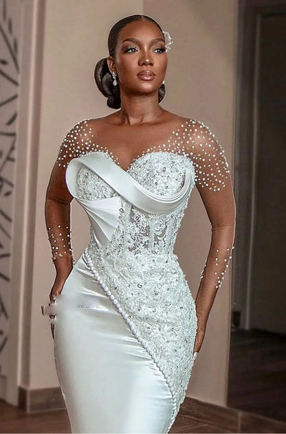 white lace mermaid wedding dresses pearls beaded sheer long sleeves bridal gowns african sweep train
