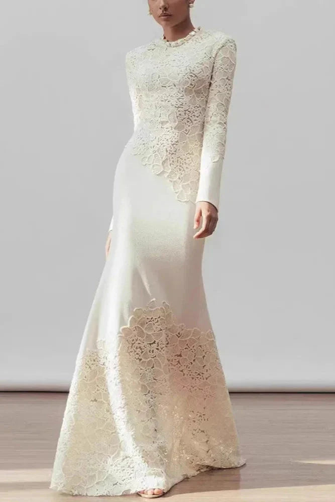 Scoop Long Sleeves Lace Appliques Mermaid Evening Dress