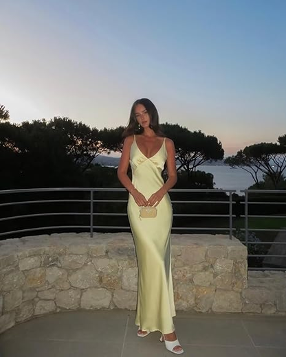 Pretty Mermaid V Neckline Long Yellow Satin Party Dresses Prom Dresses