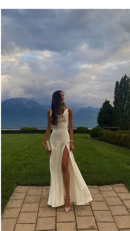 Gorgeous Mermaid Spaghetti Straps Floor-length White Slit Evening Dress Prom Dresses