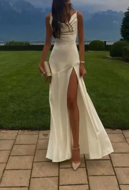 Gorgeous Mermaid Spaghetti Straps Floor-length White Slit Evening Dress Prom Dresses