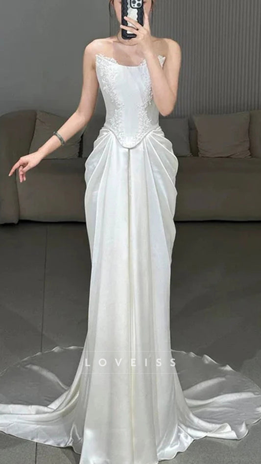 Unique Mermaid Strapless Pleats Long White Satin Lace Wedding Dresses Brides Dress