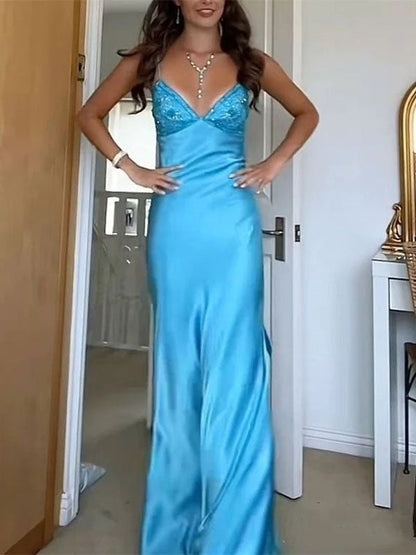 Classy V-neck Blue Beaded Back Tie A-line Long Prom Dress