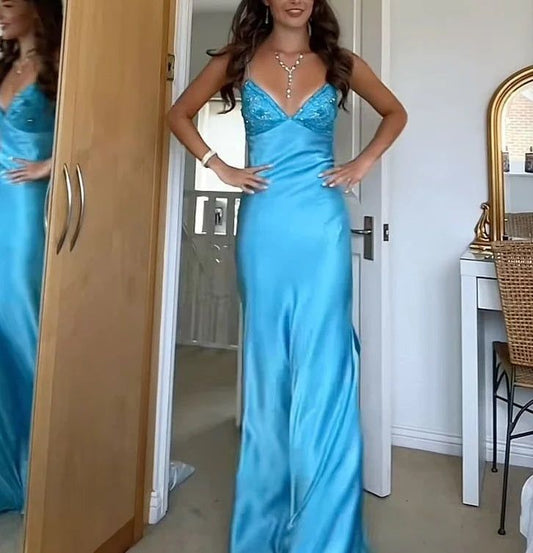 Classy V-neck Blue Beaded Back Tie A-line Long Prom Dress