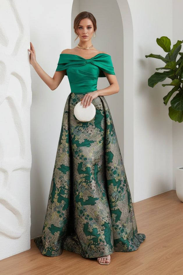 Off shoulder Printed A-Line Evening Gown