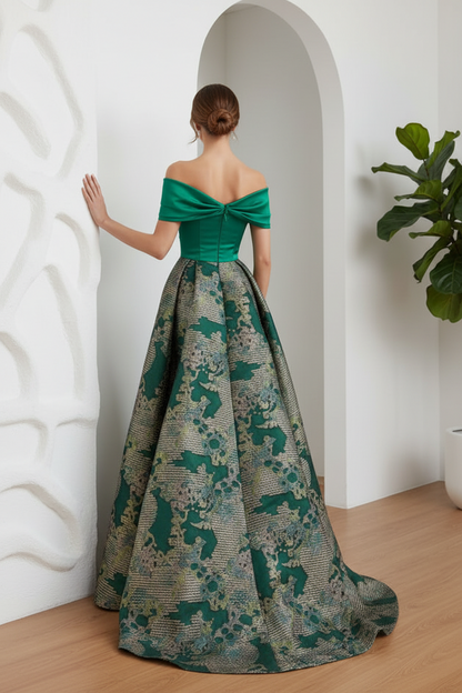 Off shoulder Printed A-Line Evening Gown