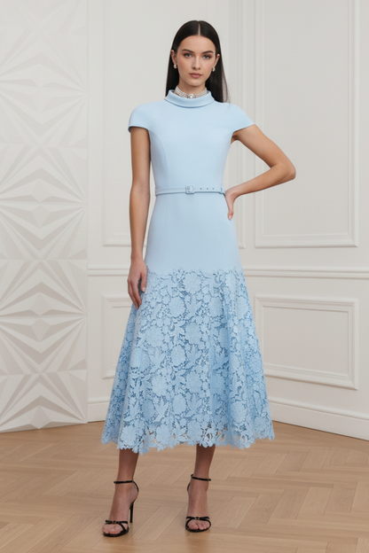 Blue Crepe Lace Cocktail Appliques Dress