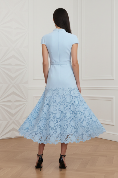 Blue Crepe Lace Cocktail Appliques Dress