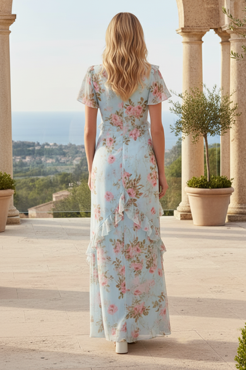 Floral Printed Summer's Rose V-Neck Gown