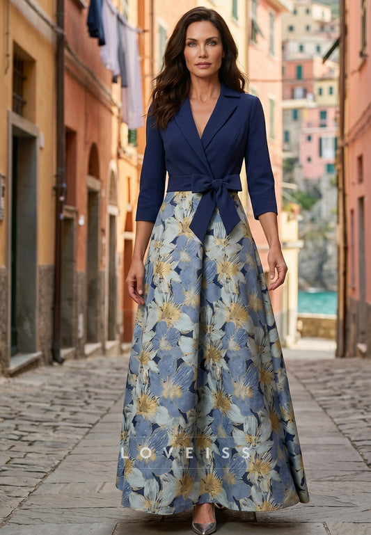 Shirt Collar Stretch Satin Mother of the Bride Dresses Floral 3/4 Sleeves Ankle Length Bowknot