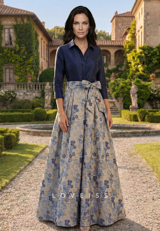 Shirt Collar Jacquard Mother of the Bride Dresses Bowknot Floral 3/4 Sleeves Floor Length