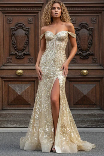 Gold Sequin Lace Off-the-Shoulder Mermaid Long Dress with Slit